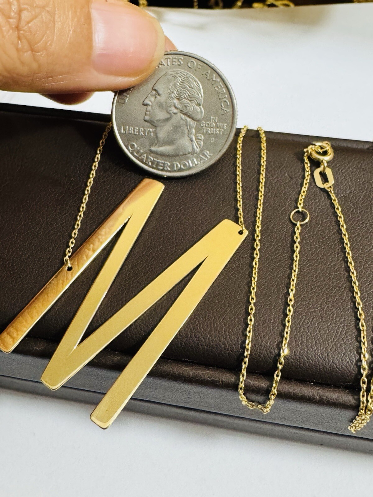 18K 750 Dubai Fine Gold Letter M initial Necklace 16.5/17.5” Long 1mm 5.2g