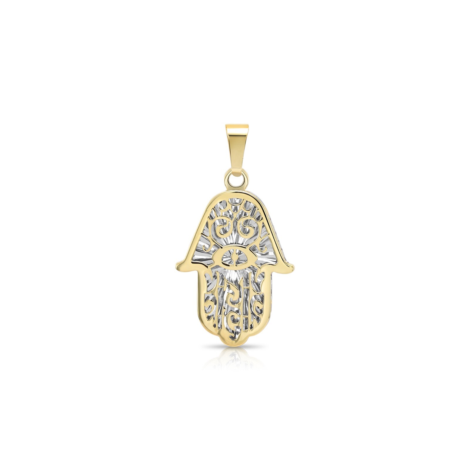 14K Real Solid Two-Tone Gold Hamsa Hand of Fatima Pendant Charm Necklace 18 in