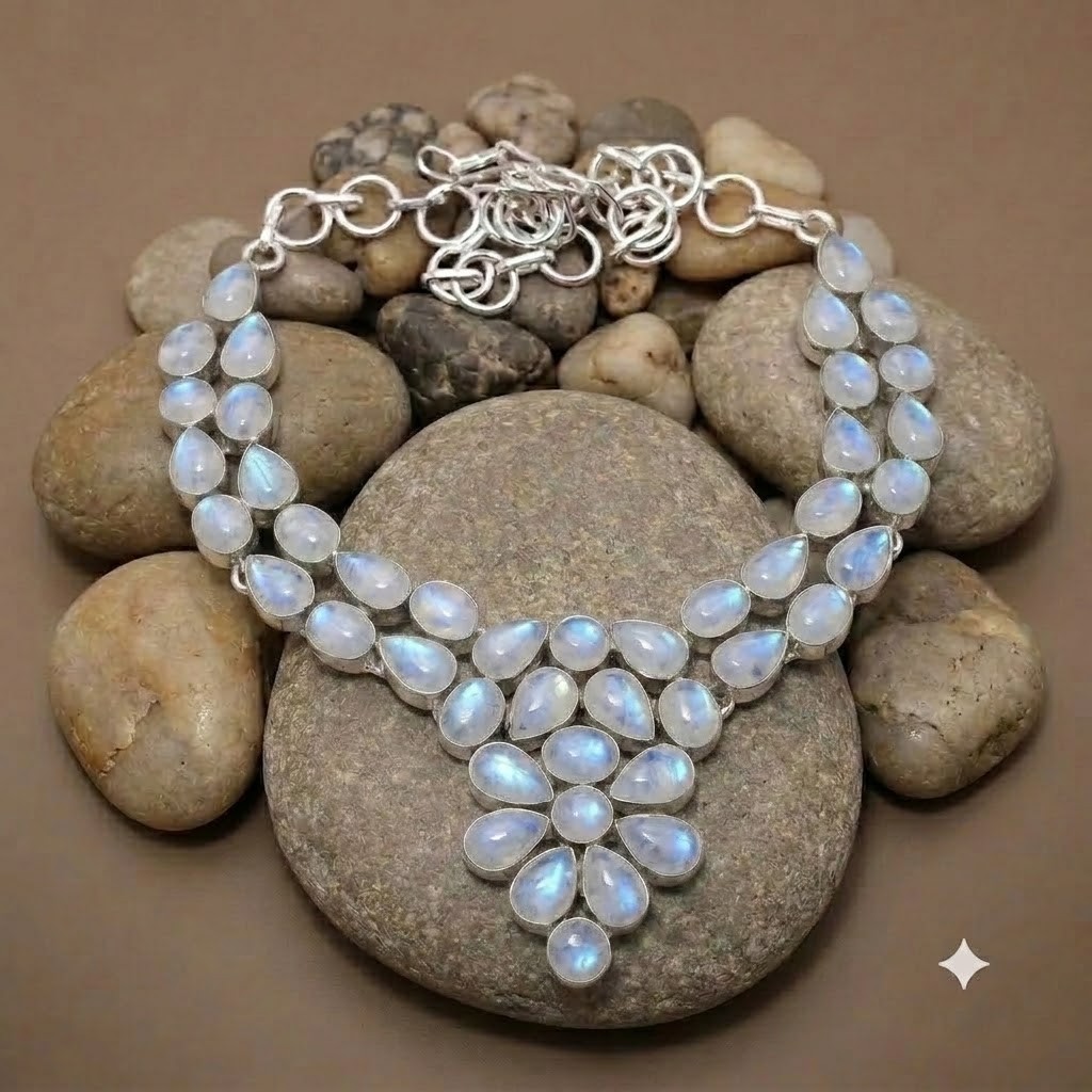 Natural Moonstone Gemstone 925 Sterling Silver Jewelry Necklace Size-17-18″