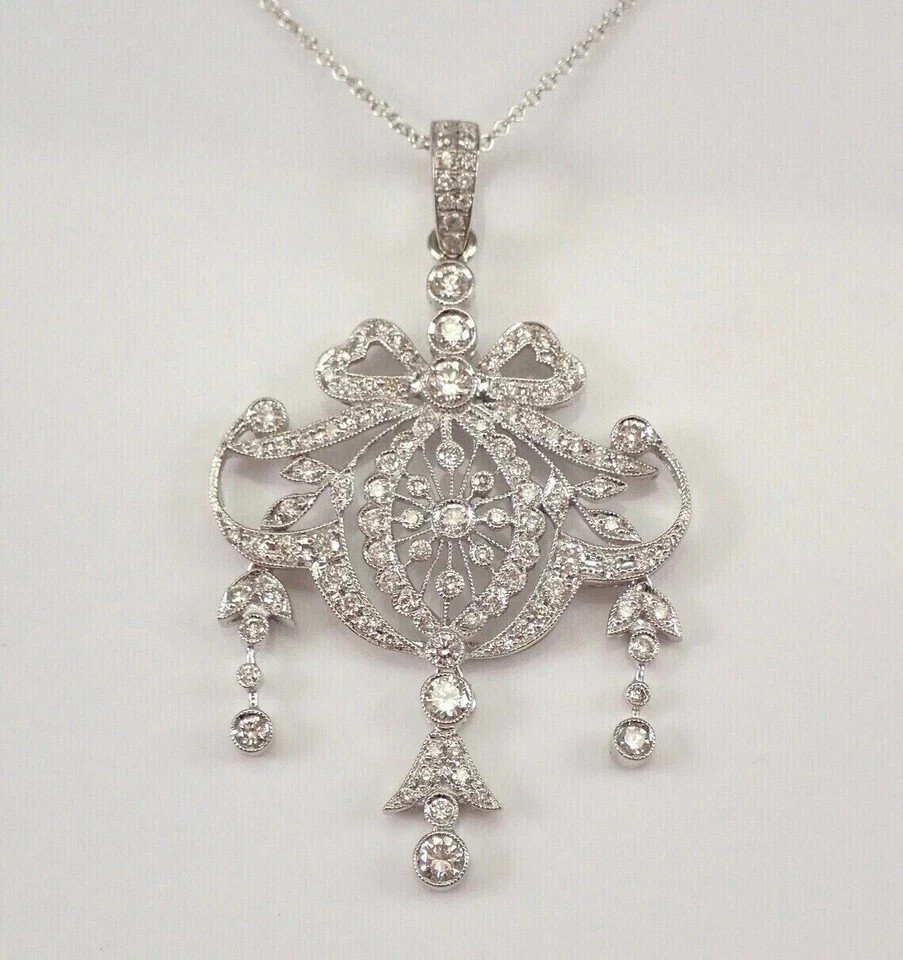 2 Ct Real Moissanite Drop Antique Pendant Chain 14K White Gold Plated Silver