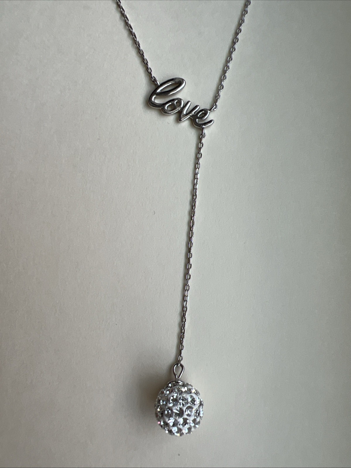 18” Sterling Silver “Love” Necklace with Pavé Crystal Ball Pendant