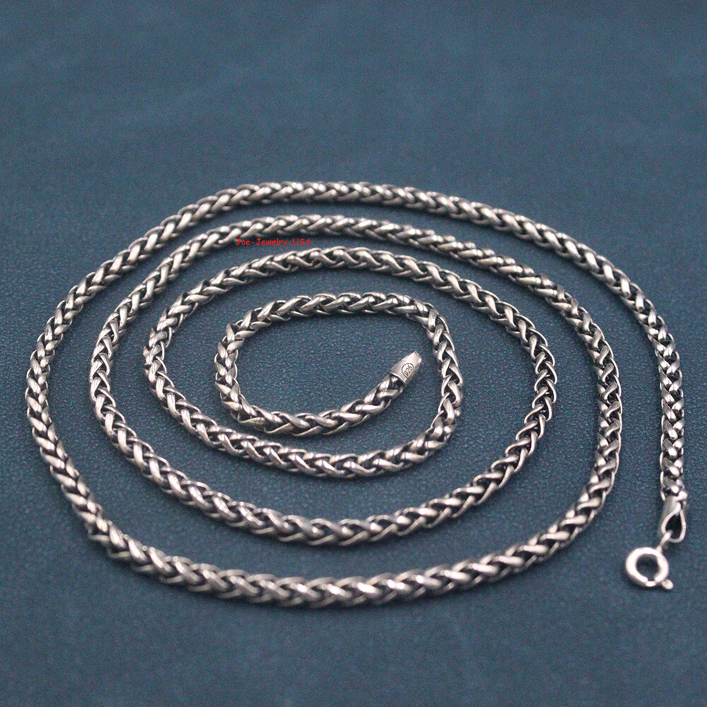 Genuine 925 Sterling Silver 3mm Wheat Link Chain Necklace 27.5″L Stamping S925