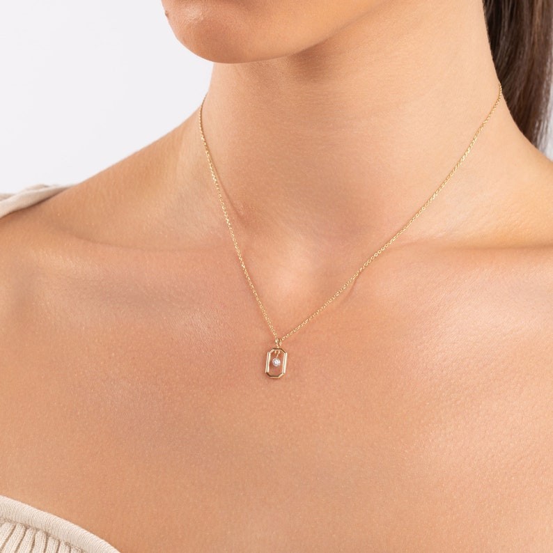 Minimalist Rectangular Design Pendant Dainty Round Moissanite Necklace Gift Her