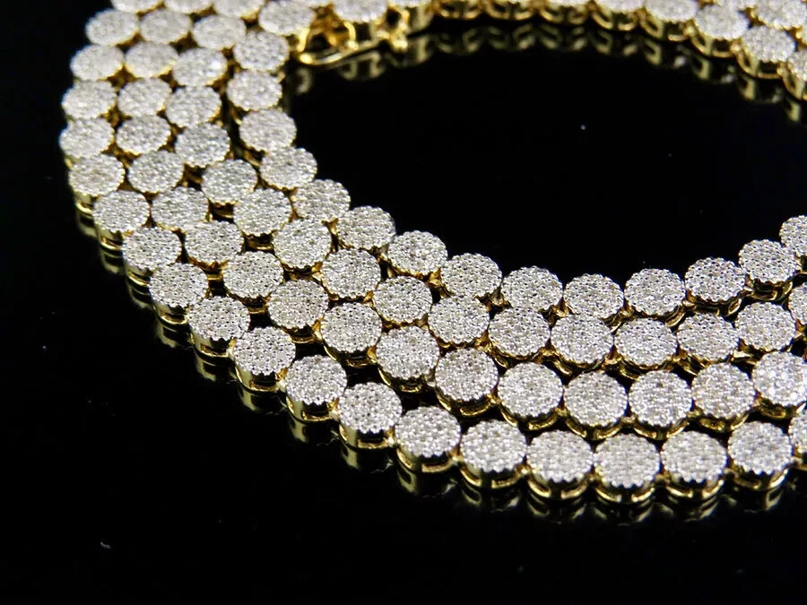 Mens 10K Yellow Gold 1 Row Cluster 7 CT. Natural Diamond Chain Necklace 30″in