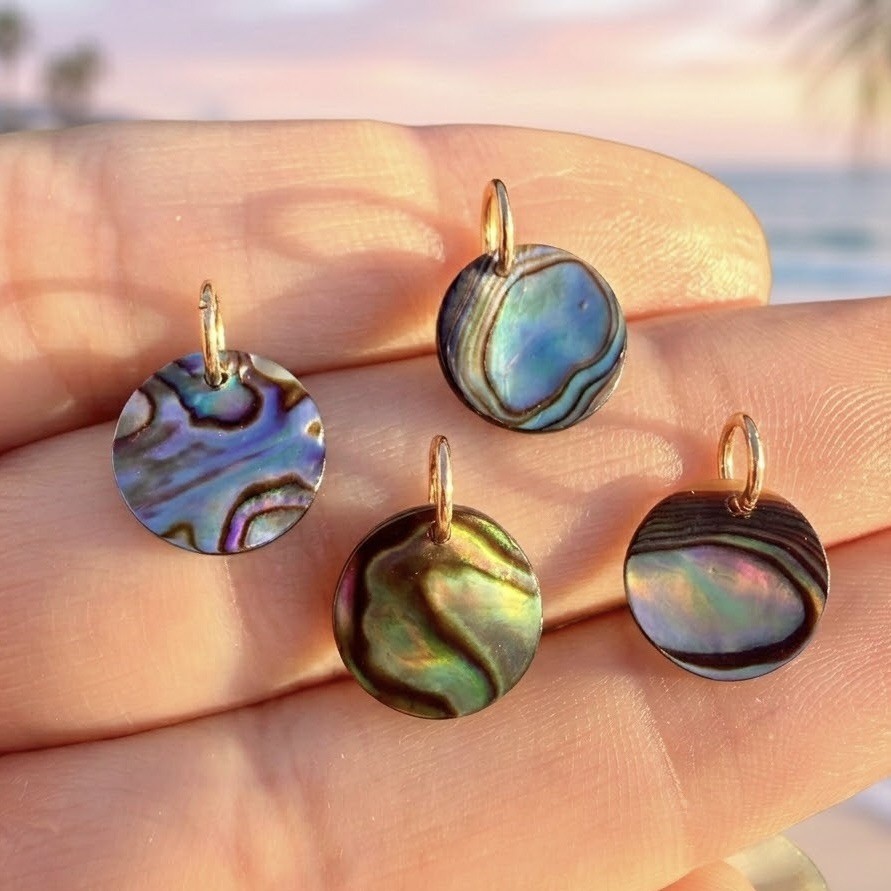 14k Solid Gold Charm • Coastal Abalone Coin Shell Pendant • Beachy Ocean Jewelry