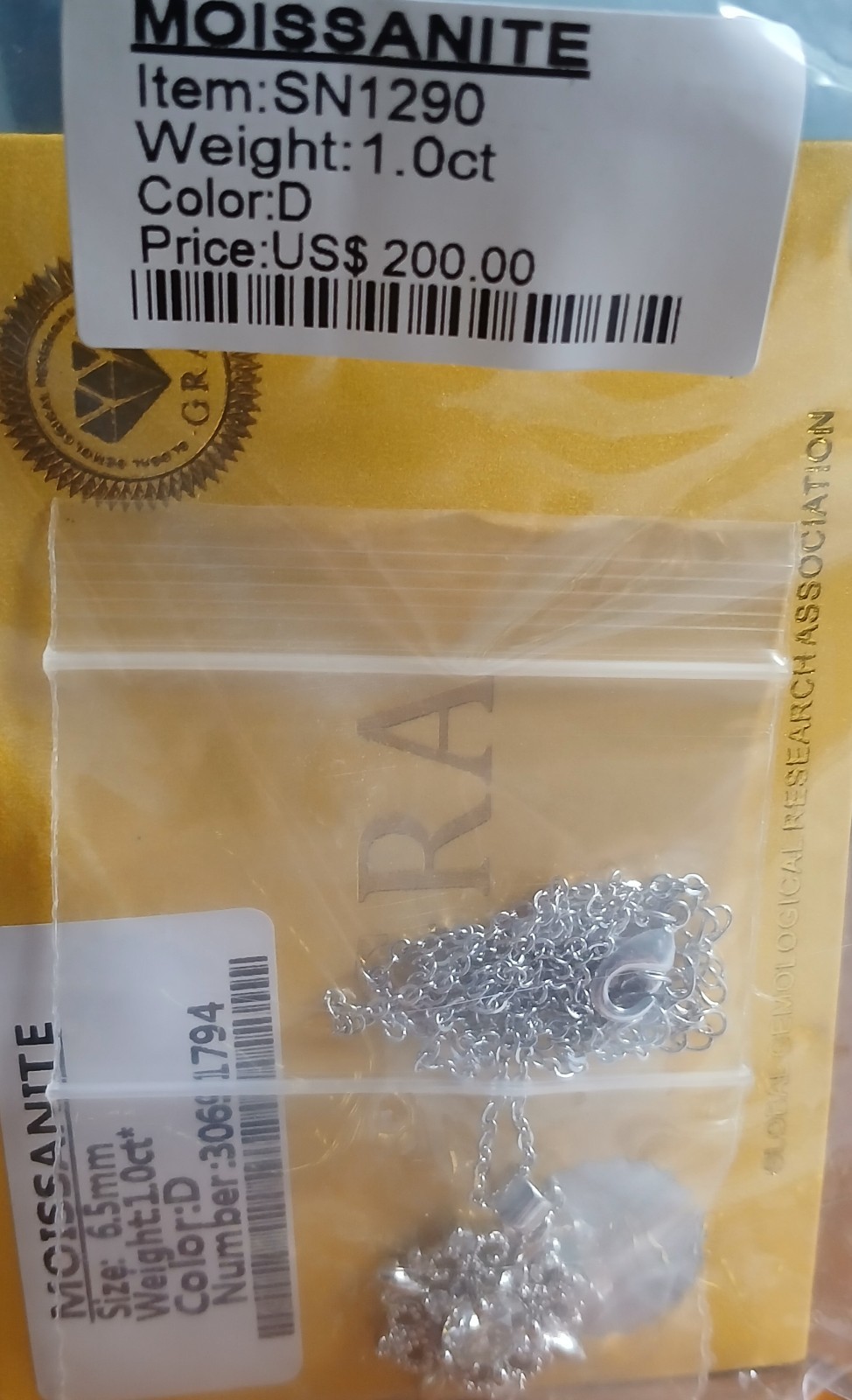 Real Moissanite 18″ Pendant Necklace Moissanite Tested, 1.0ct., GRA Certificate