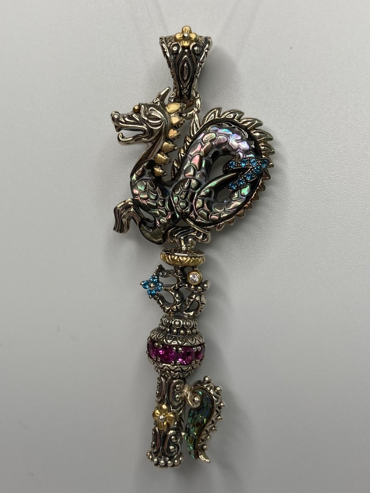 Barbara Bixby Dragon Key Enhancer Pendant Gemstones 18k Gold Sterling 925 in Box