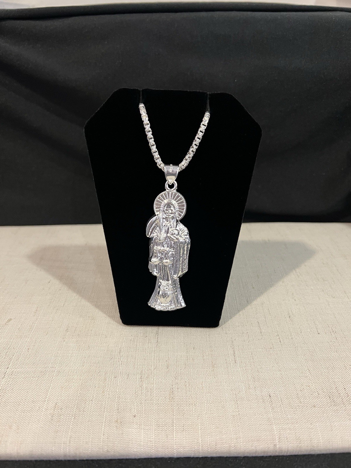 925 Sterling Silver Men Women Santa Muerte Big Grim Reaper & Box Chain 22 26 30