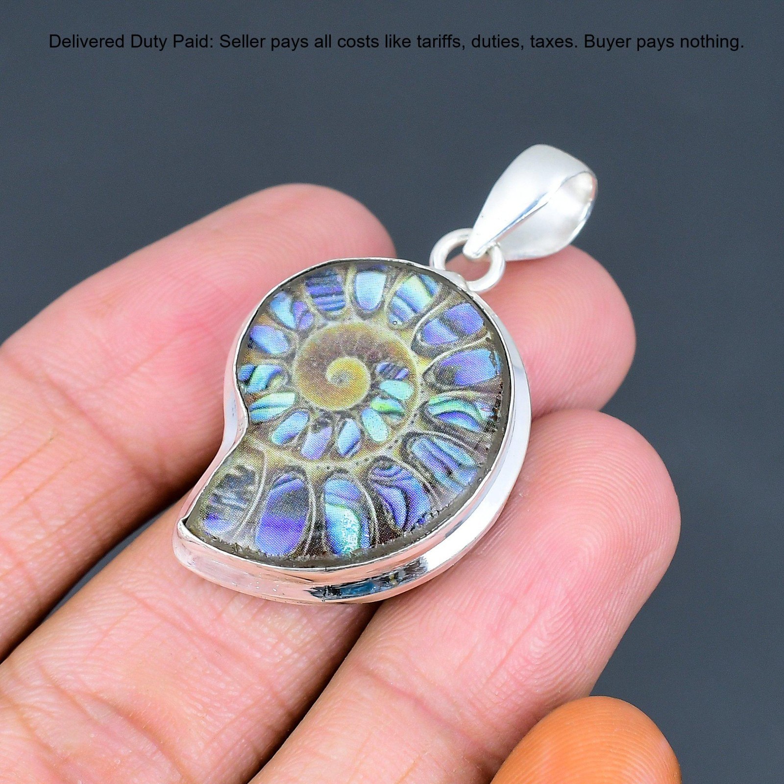 Natural Abalone Shell In Ammonite Doublet Opal Sterling Silver Pendant Jewelry