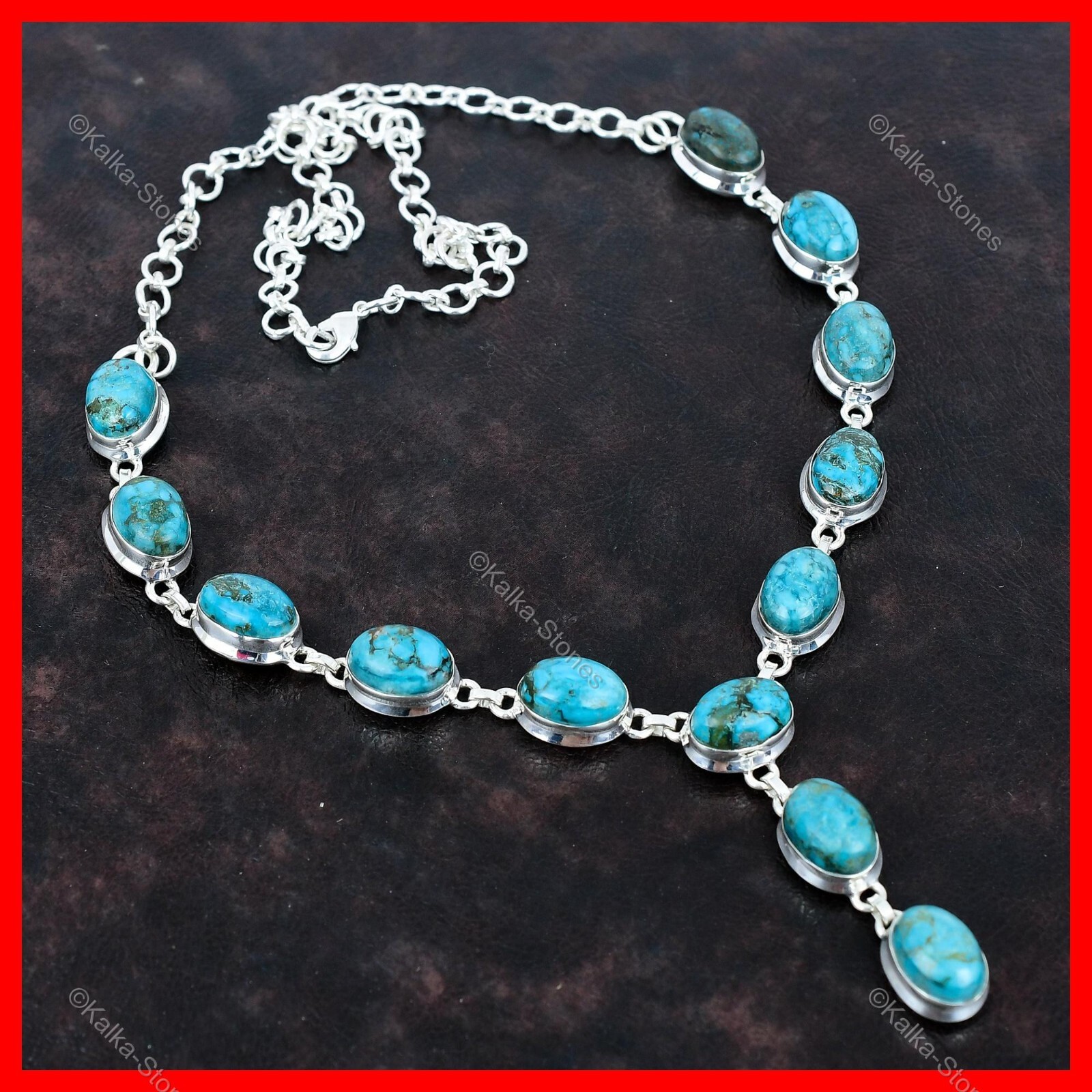Oval Tibetan Turquoise Stone Chain Engagement Necklace Jewelry Sterling Silver