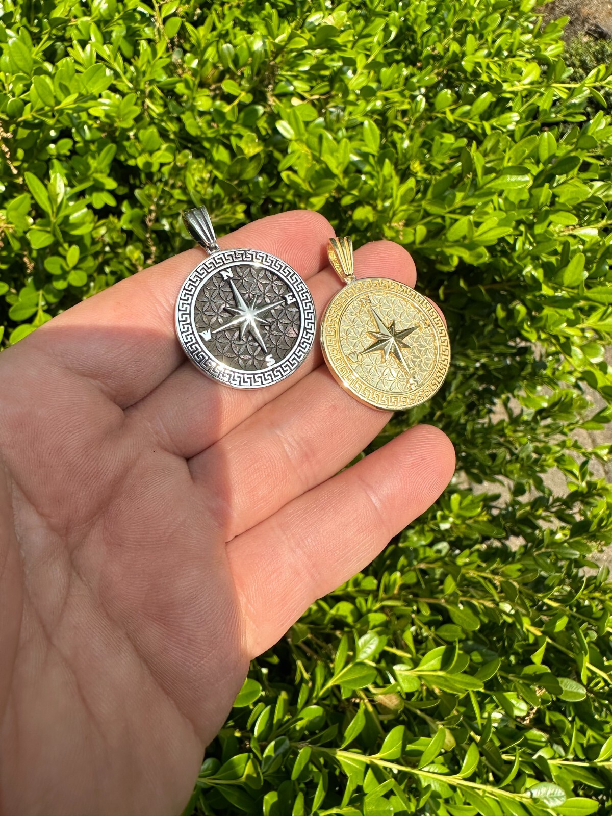 Real 925 Silver / 14k Gold Plated North Star Compass Medallion Pendant Necklace
