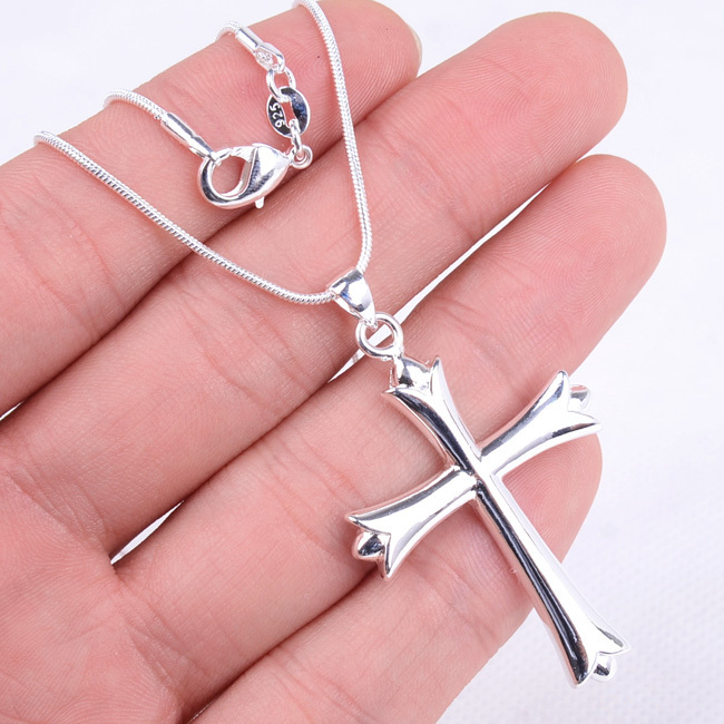 925 Sterling Silver Tarnish-Resist Large Cross Pendant + Necklace Chain Set Z377