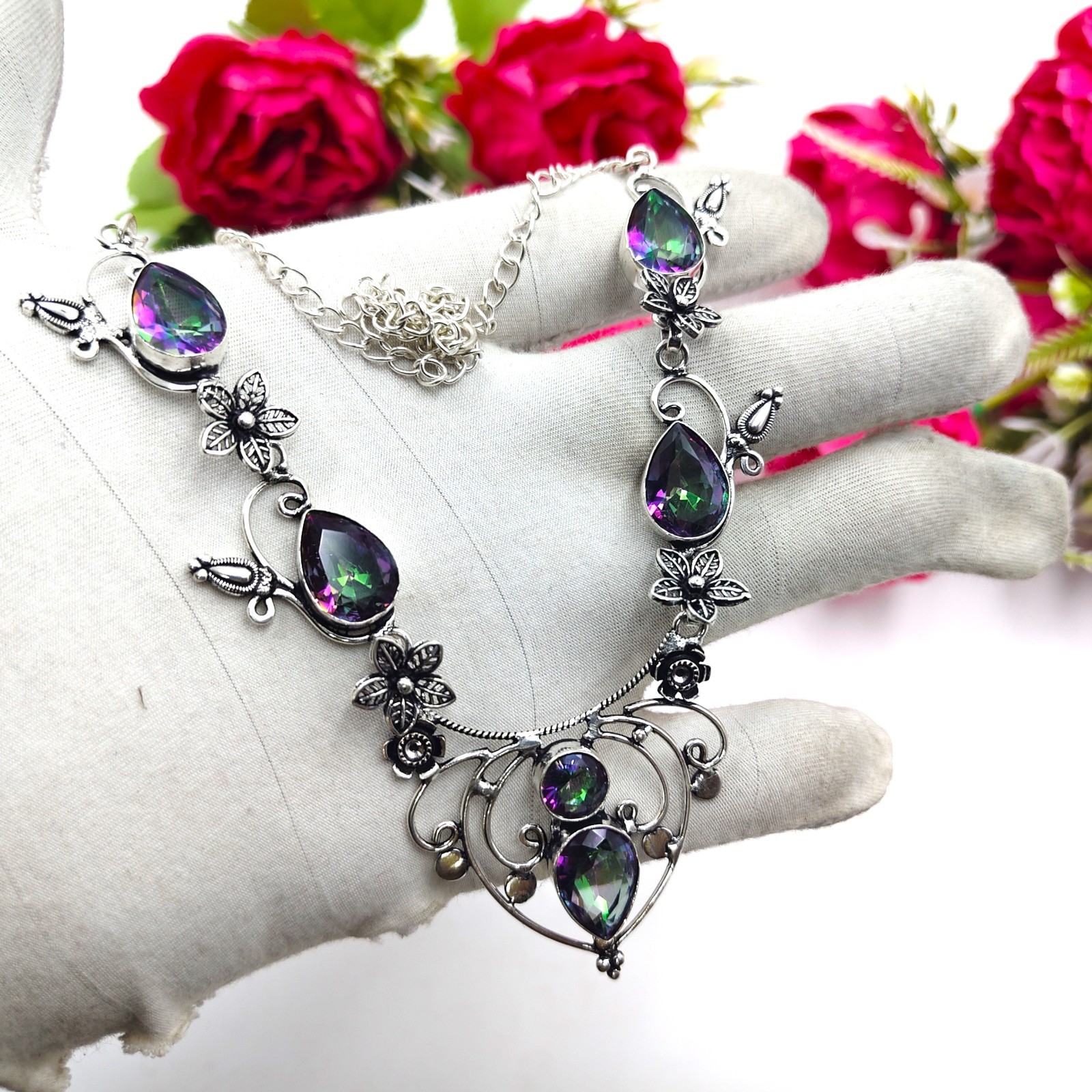 Mystic Topaz Gemstone Handmade 925 Sterling Silver Jewelry Necklace Sz-17-18″