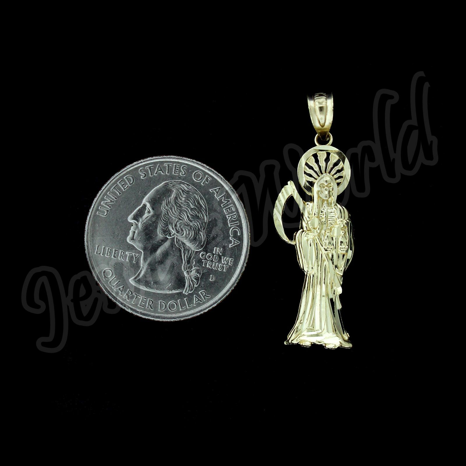 10K Yellow Gold Santa Muerte Grim Reaper Pendant & 2.5mm Cuban Curb Link Chain