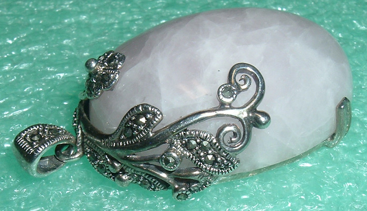 LARGE Vintage Rose QUARTZ & STERLING n MARCASITE Flowers PENDANT DROP *Fine