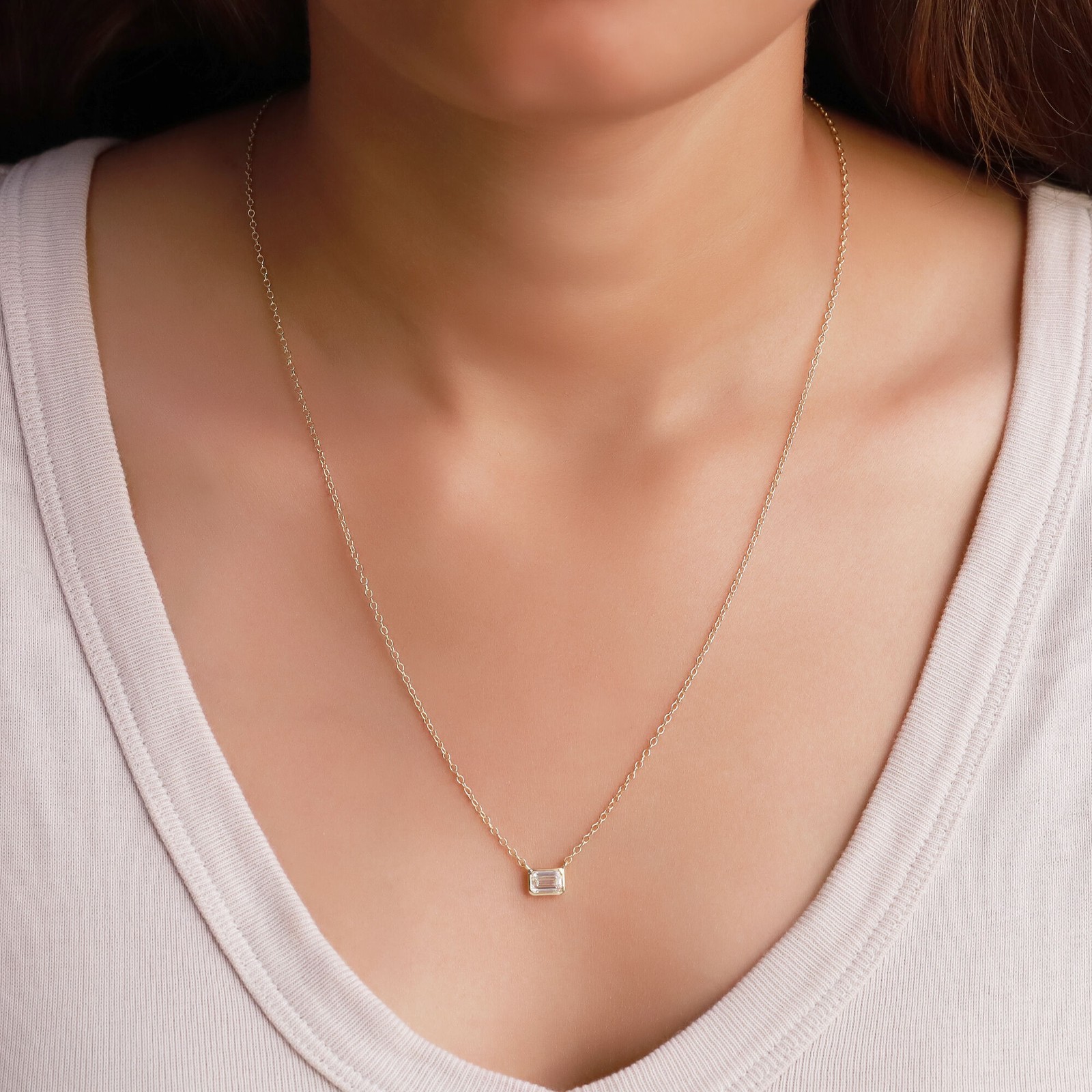 4/7 Ct Lab Grown Diamond Solitaire Emerald Cut 18″ Necklace 925 Silver