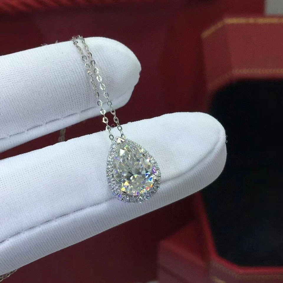 1.25 Ct Pear Cut Lab Real Moissanite Halo Teardrop Pendant 14K White Gold Plated
