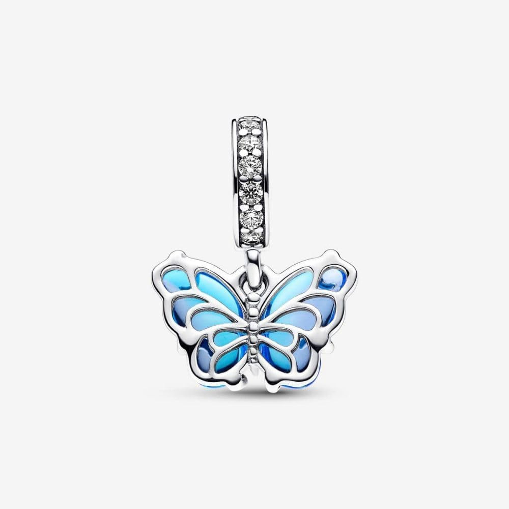 Blue Murano Glass Butterfly Dangle Charm 925 Sterling Silver Pendant,Jewelry Bea