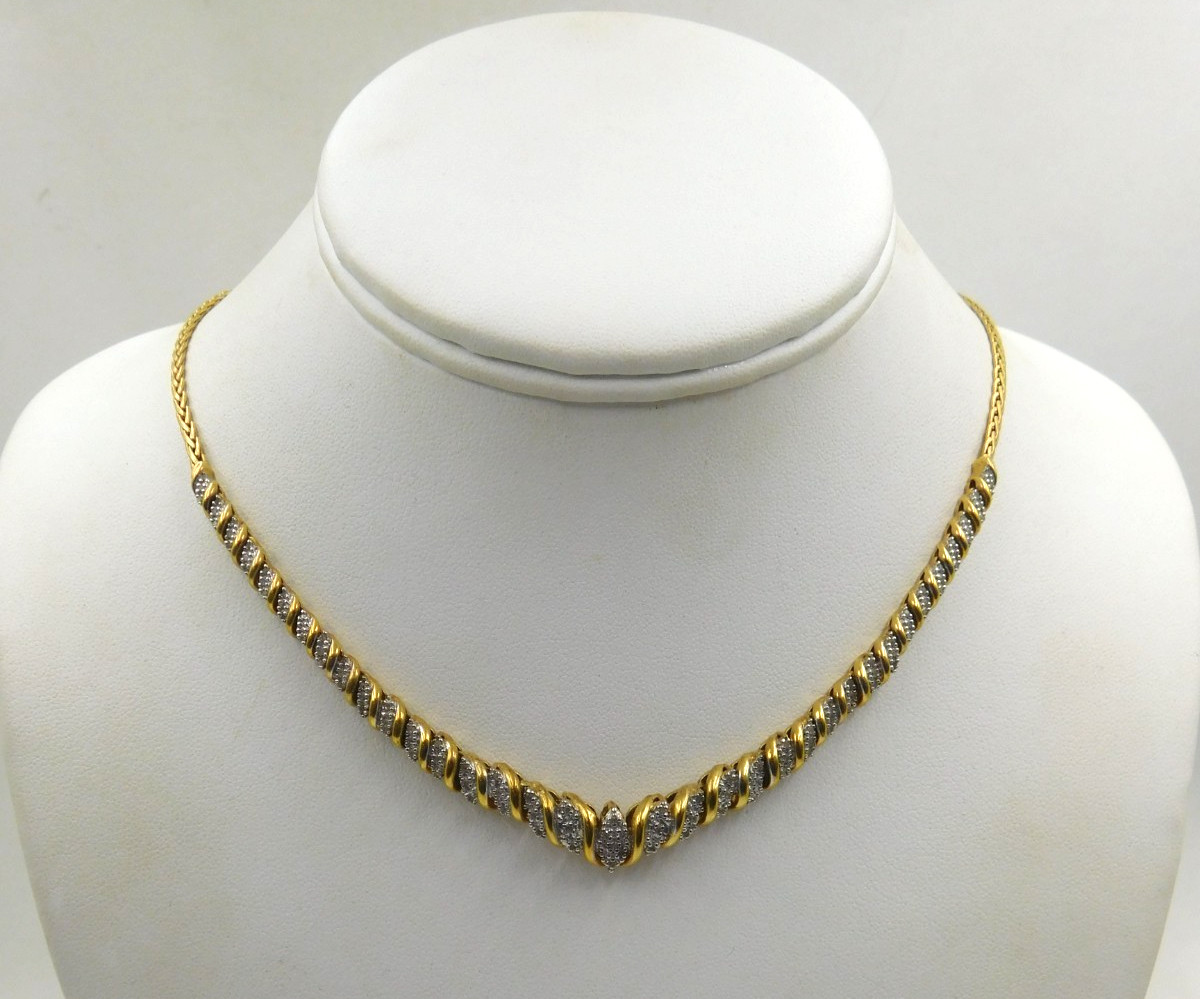 Lovely Sterling Silver Vermeil Diamond V Necklace / 18″