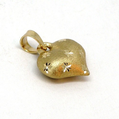 14K Yellow Gold Satin Puffed Heart Charm with Diamond Cut Stars Pendant 3D