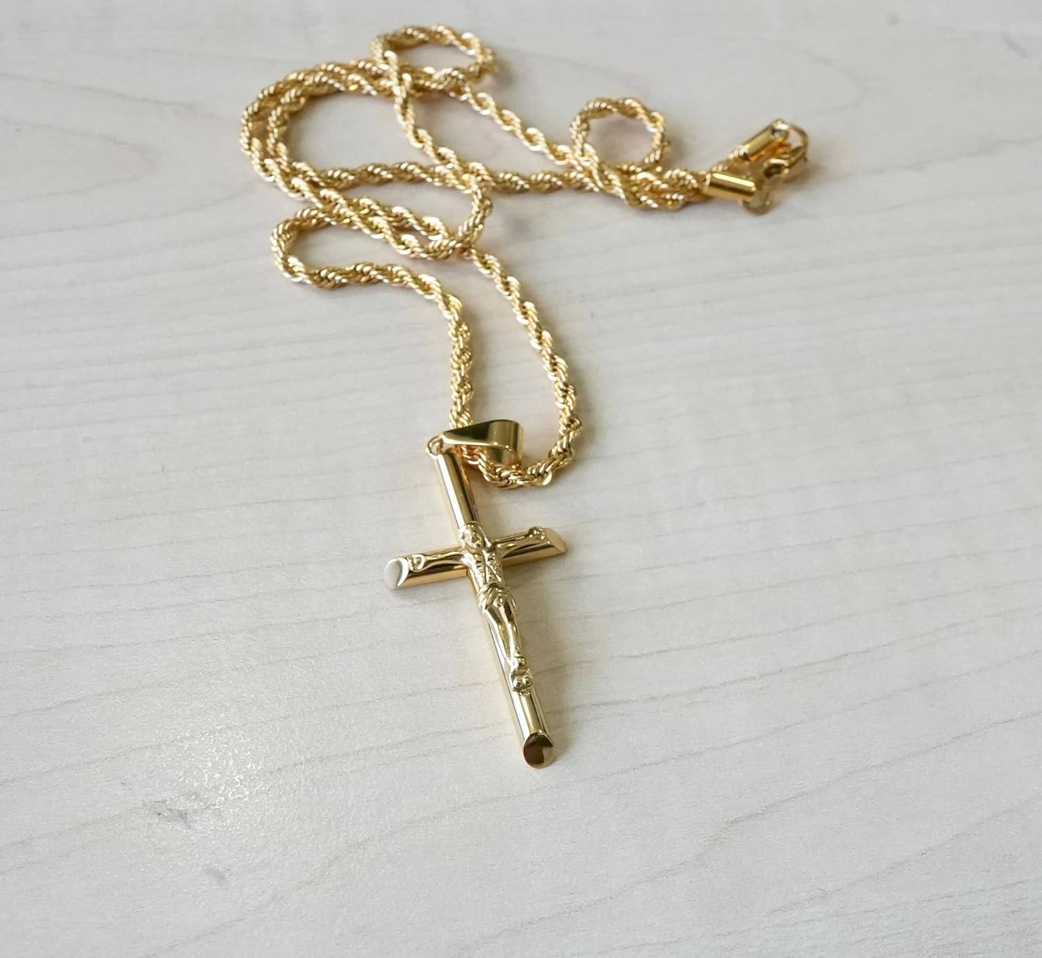 14K Gold Rope Chain Crucifix Style Cross Pendant Necklace for Men Husband 20″