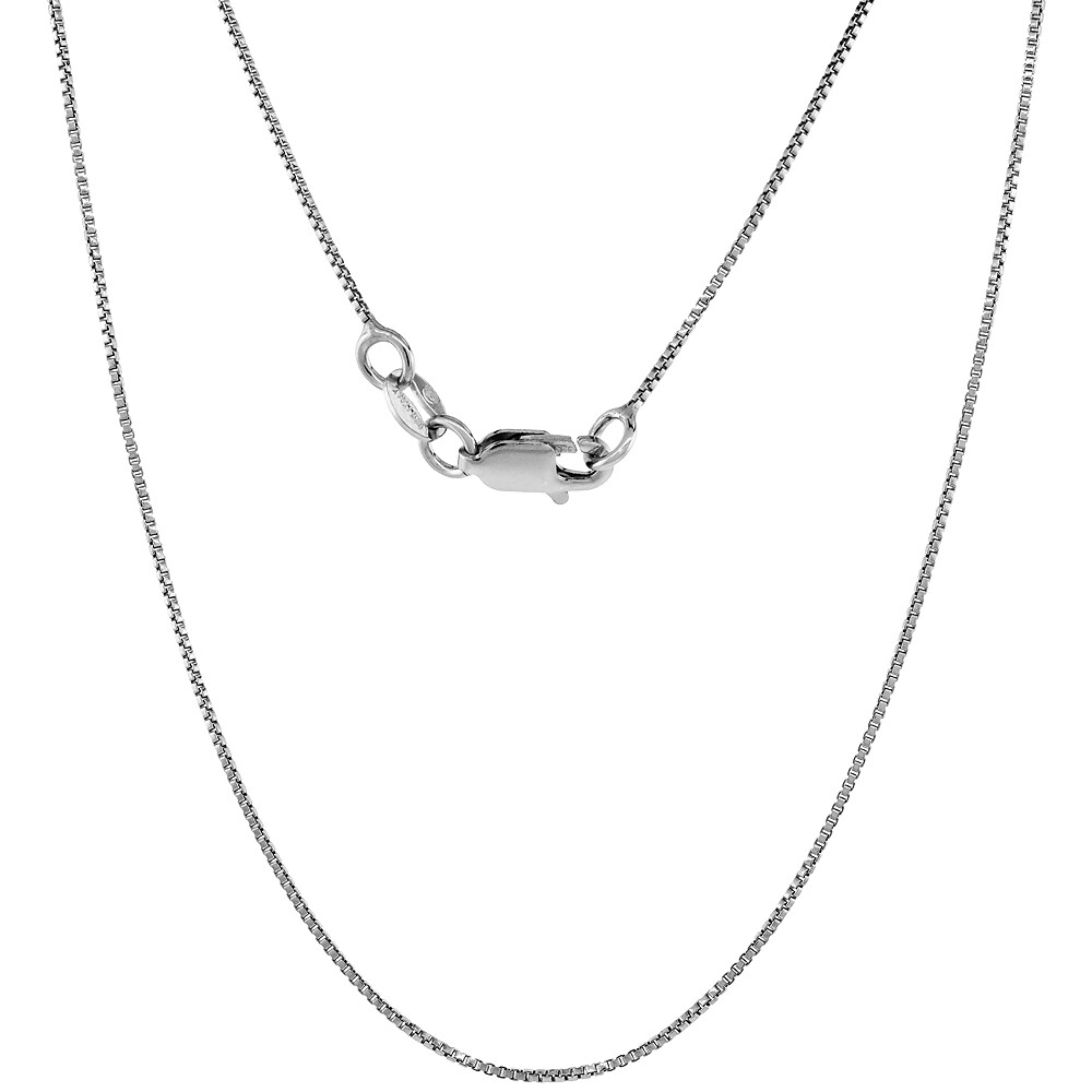 925 Sterling Silver Fine Thin Rhodium Finish Box Chain Necklace 0.8mm 16″ to 18″
