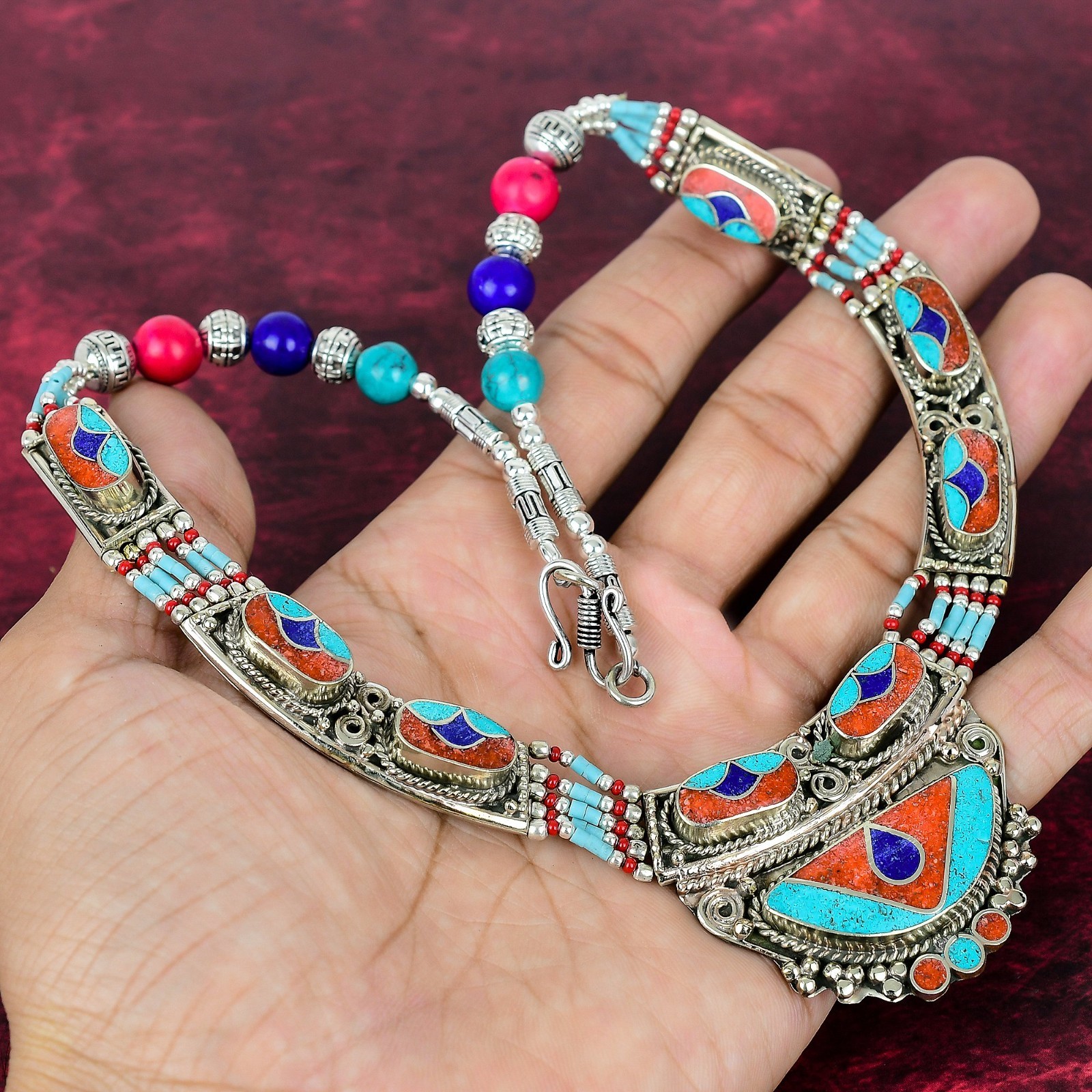 Turquoise & Coral Gemstone Handmade 925 Sterling Silver Nepali Jewelry Necklace