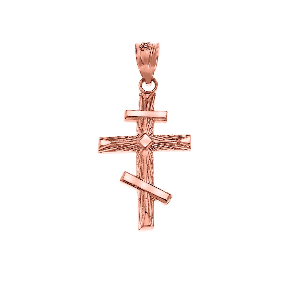 Solid Gold Russian Orthodox Cross Pendant Necklace ( Yellow/Rose/White Gold)