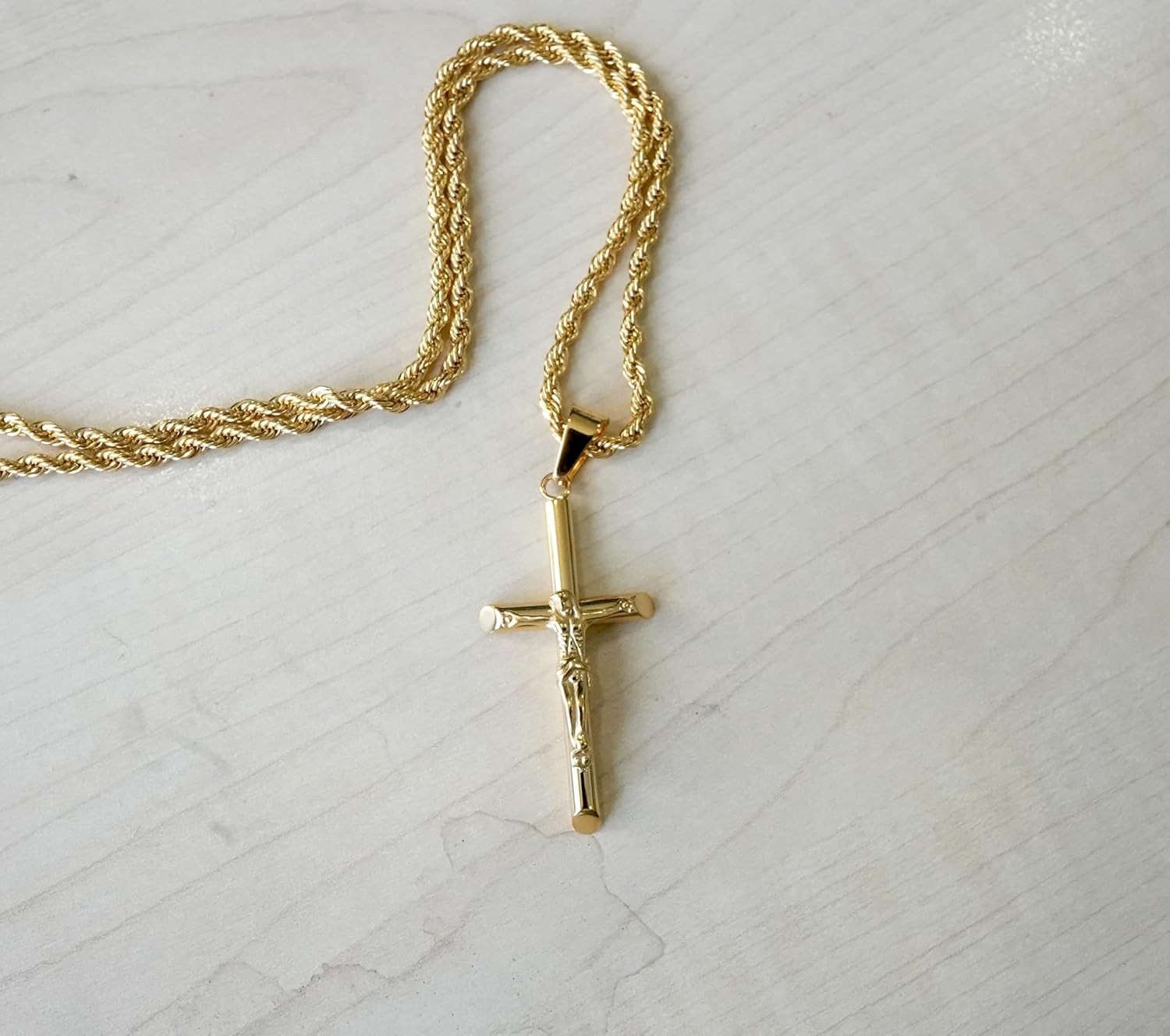 14K Gold Rope Chain Crucifix Style Cross Pendant Necklace for Men Husband 20″