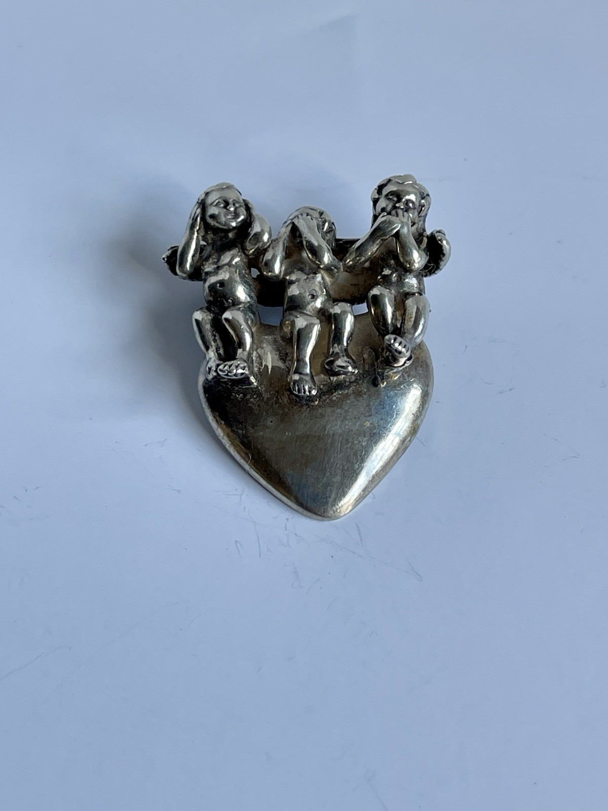 Vintage Sterling Silver 925 KABANA Three Angels Heart Pendant “See No Evil…”