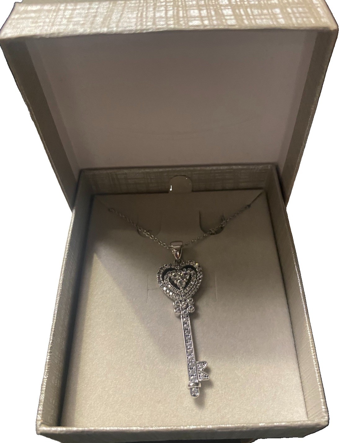 Zales Sterling Silver Key With Heart And Rhinestones On 925 Chain-18 Inches Box