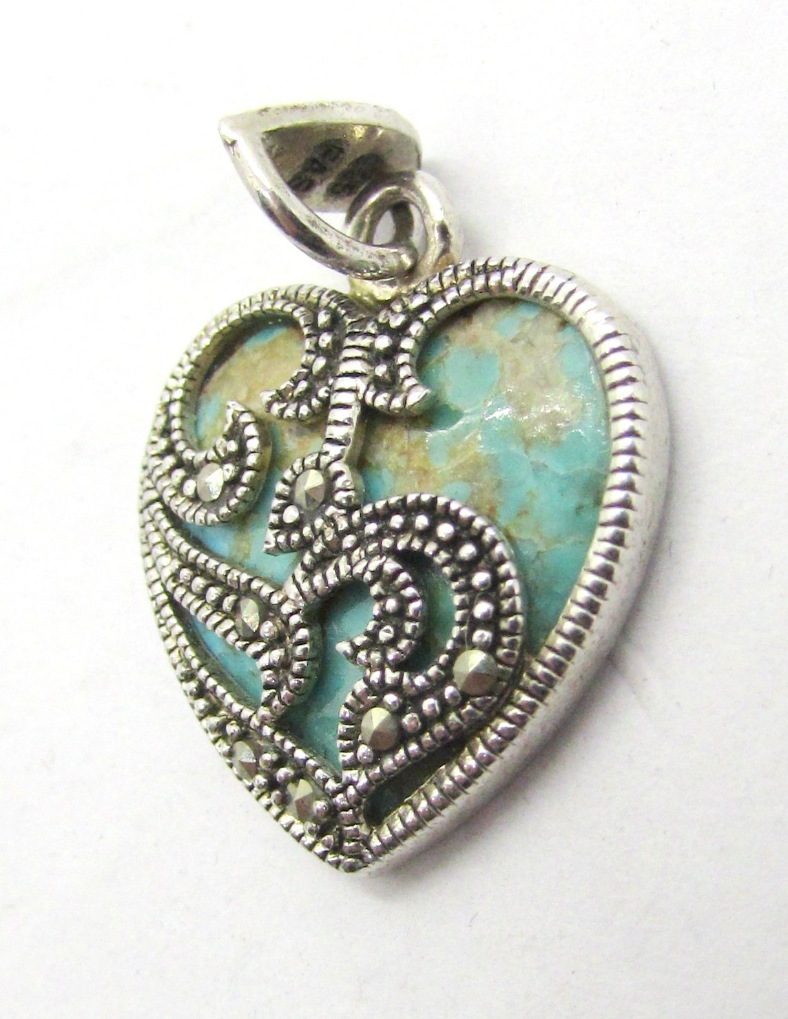 925 STERLING SILVER MARCASITE TURQUOISE HEART PENDANT OR CHARM 27X18 MM ~ 3.2G