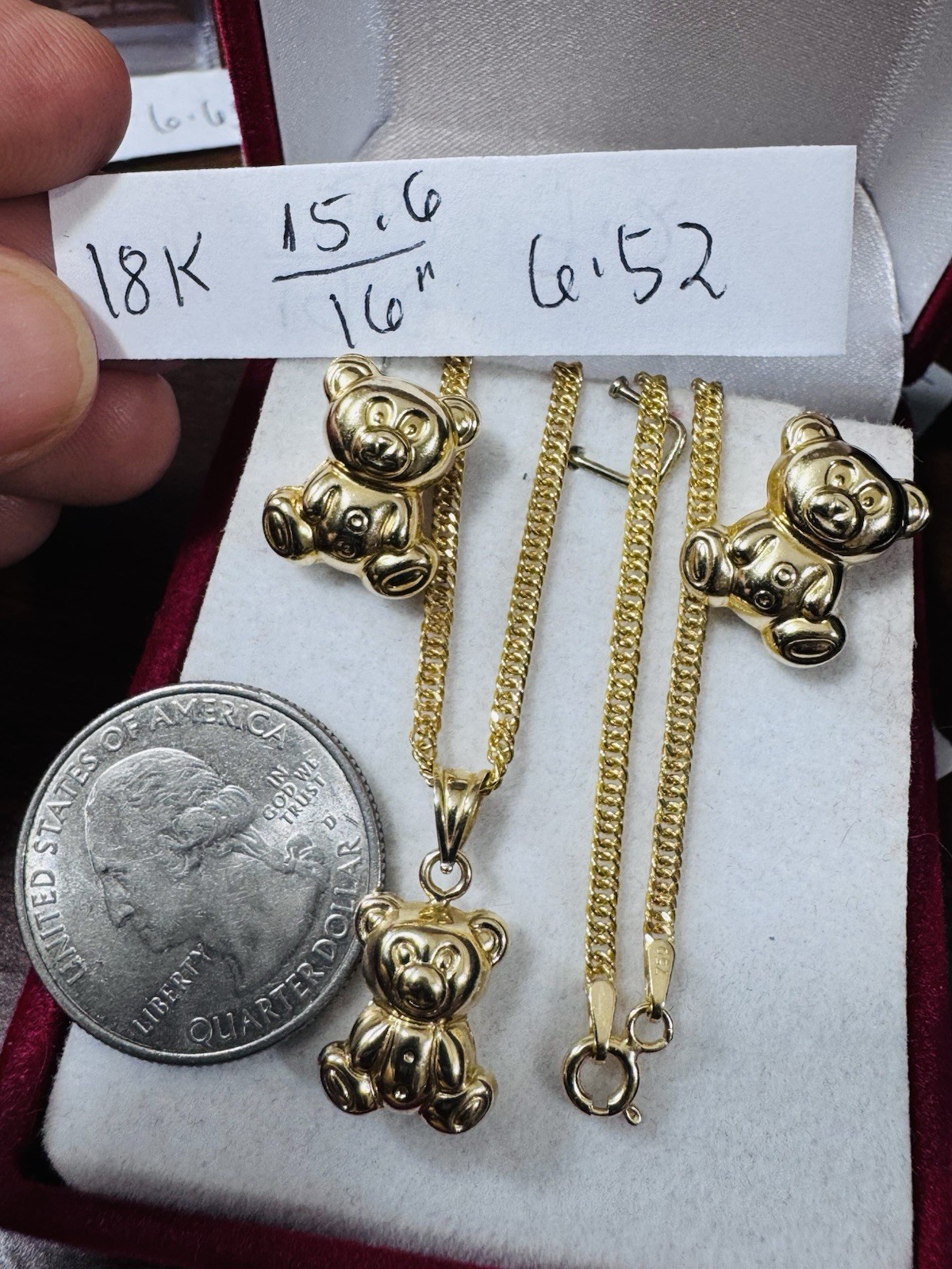 18K 750 Gold Bear Set Earring & Necklace 15.6”/16” Long 6.5g 2.2g