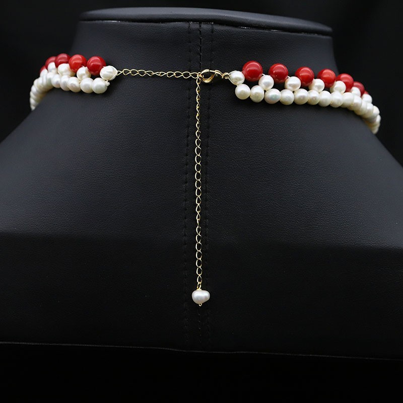 40cm/16in Hand-Kintted South Sea Red Coral/White 4-5mm Pearl Necklace 14K Gold p