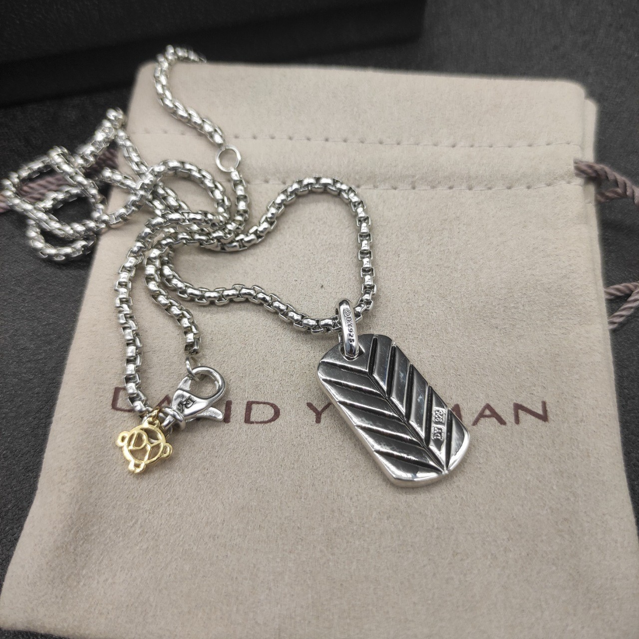David Yurman 925 Silver Pavé Black Diamond Dog Tag Pendant Box Chain Necklace 55