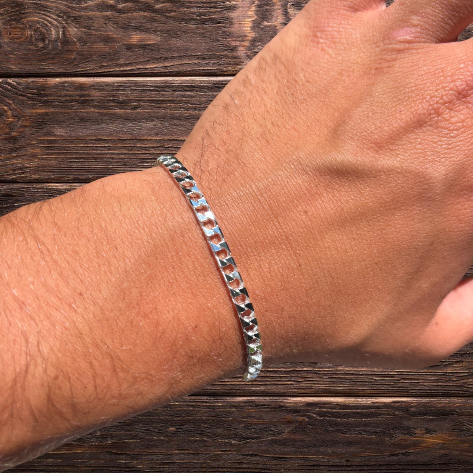 4mm Square Curb Link Bracelet – Real Solid 925 Sterling Silver MADE IN ITALY