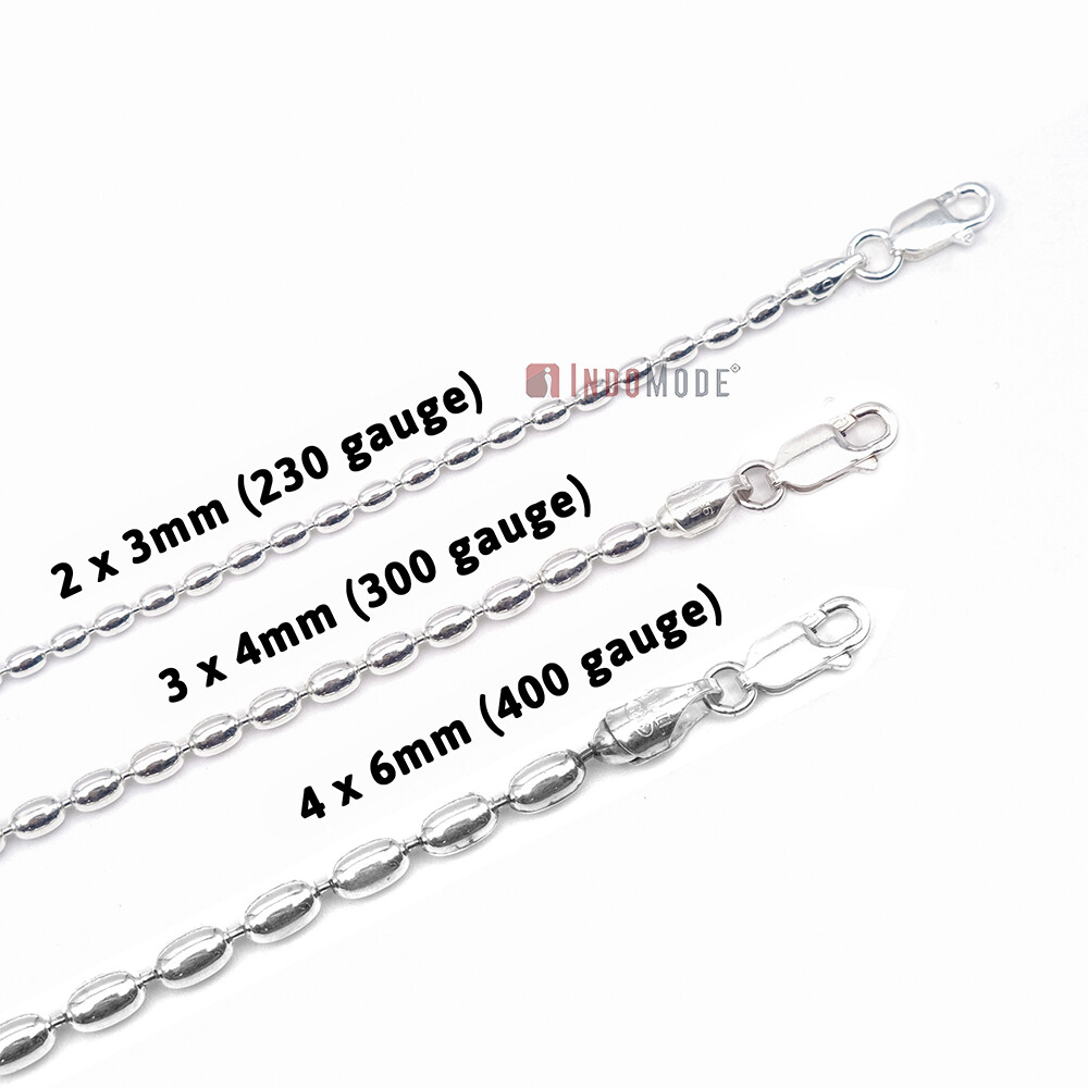 St. Silver Charleston Rice Bead Necklace Chain 3×4.5mm Beads 300ga Lobster Clasp