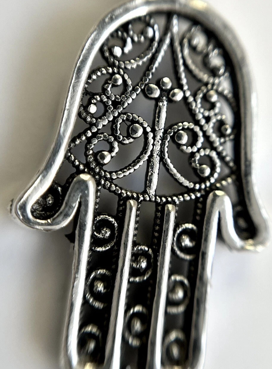 925 Sterling Silver Hamsa Hand of Fatima Oxidized Handmade Pendant Charm Amulet
