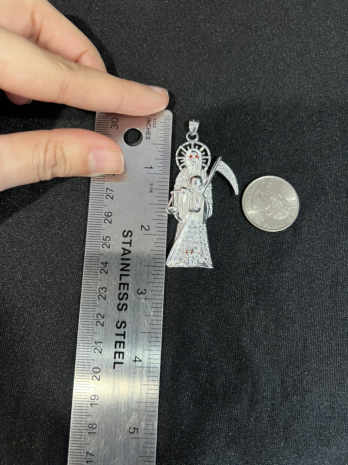 925 Sterling Silver Mens Womens CZ Santa Muerte Grim Reaper Holy Death Pendant