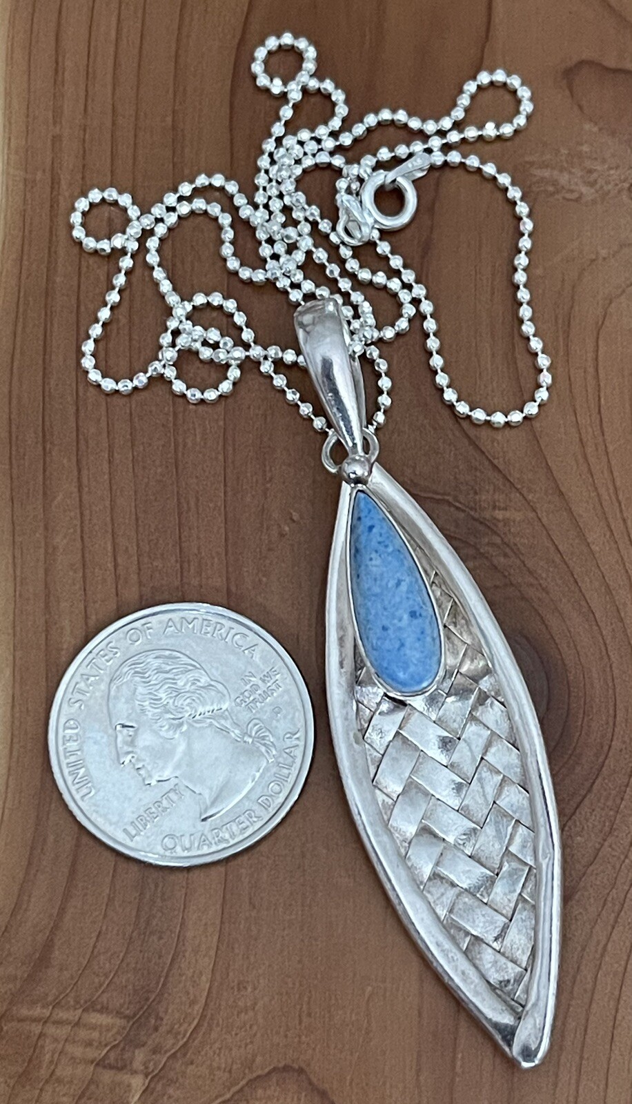 Vintage Sajen 925 Sterling Denim Lapis Woven Basket Design Pendant Necklace 20”