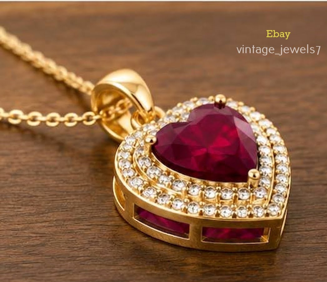 14K Yellow Gold Finish 2CT Heart Cut Genuine Real Ruby Pendant Double Halo