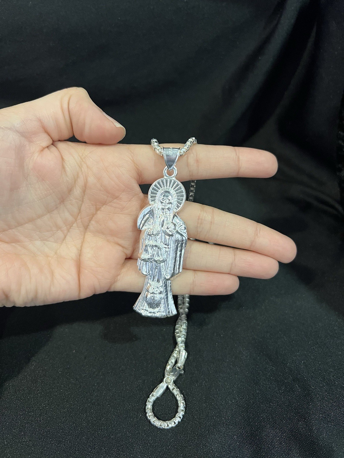 925 Sterling Silver Men Women Santa Muerte Big Grim Reaper & Box Chain 22 26 30
