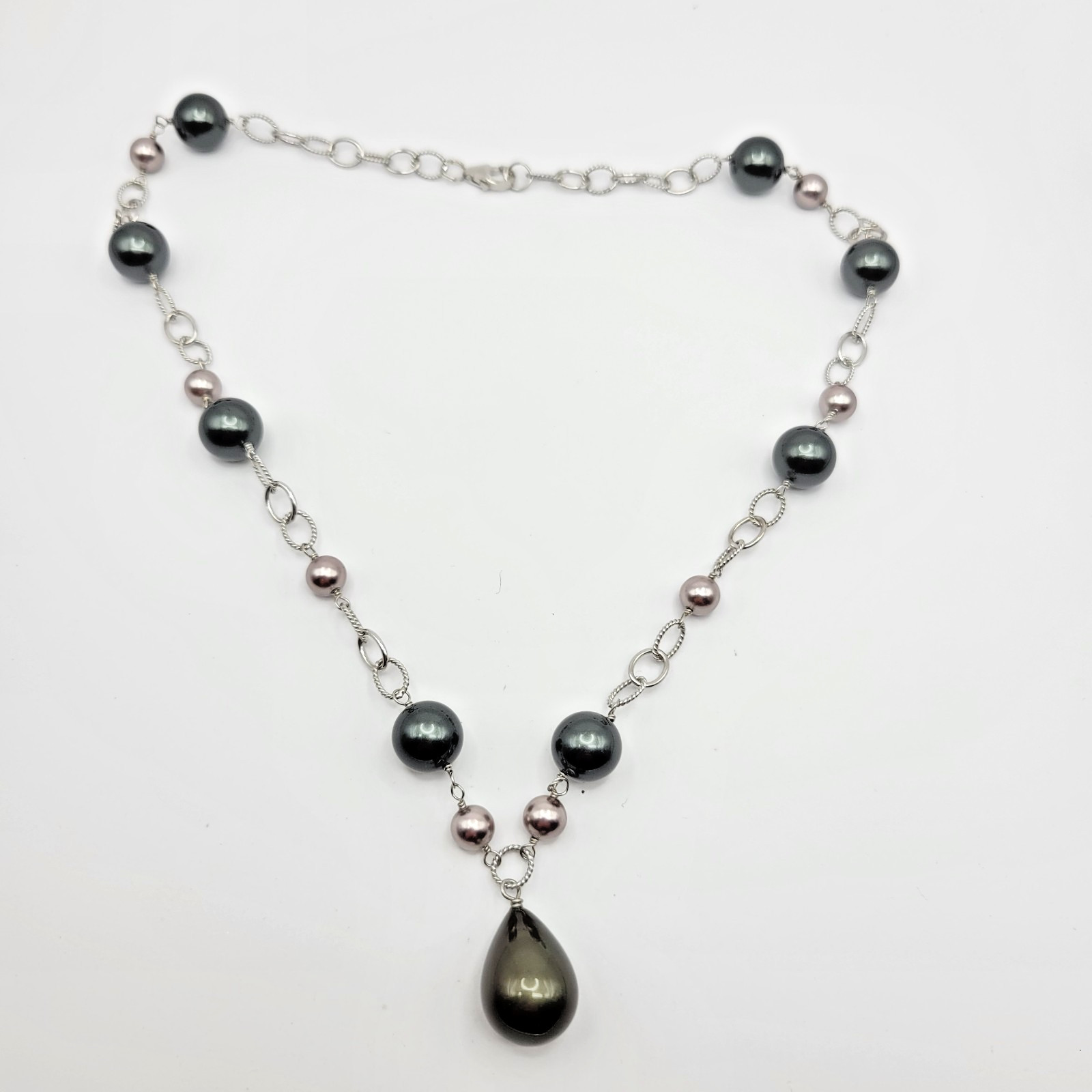 Sterling Silver Peacock Pearl Twist Cable Link Pendant Necklace ~ 18″
