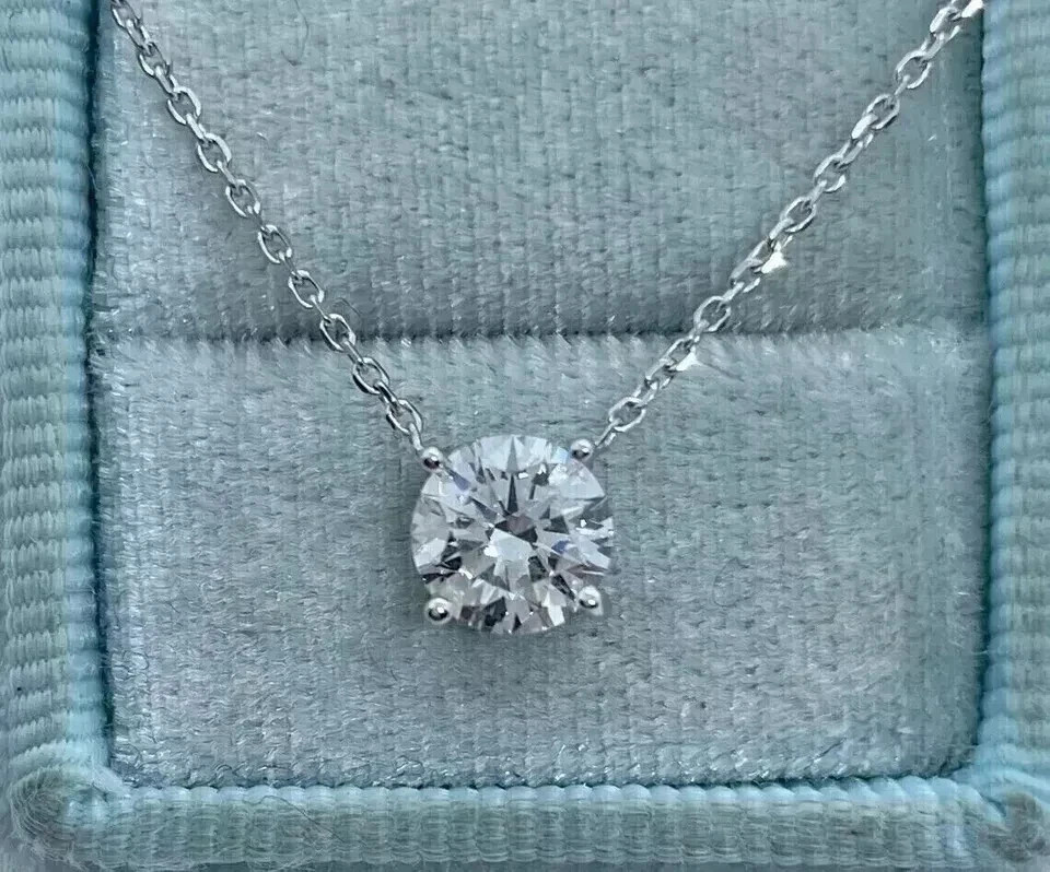 1.00Ct Round Cut Moissanite Solitaire Pendant Free Chain 14K White Gold Finish