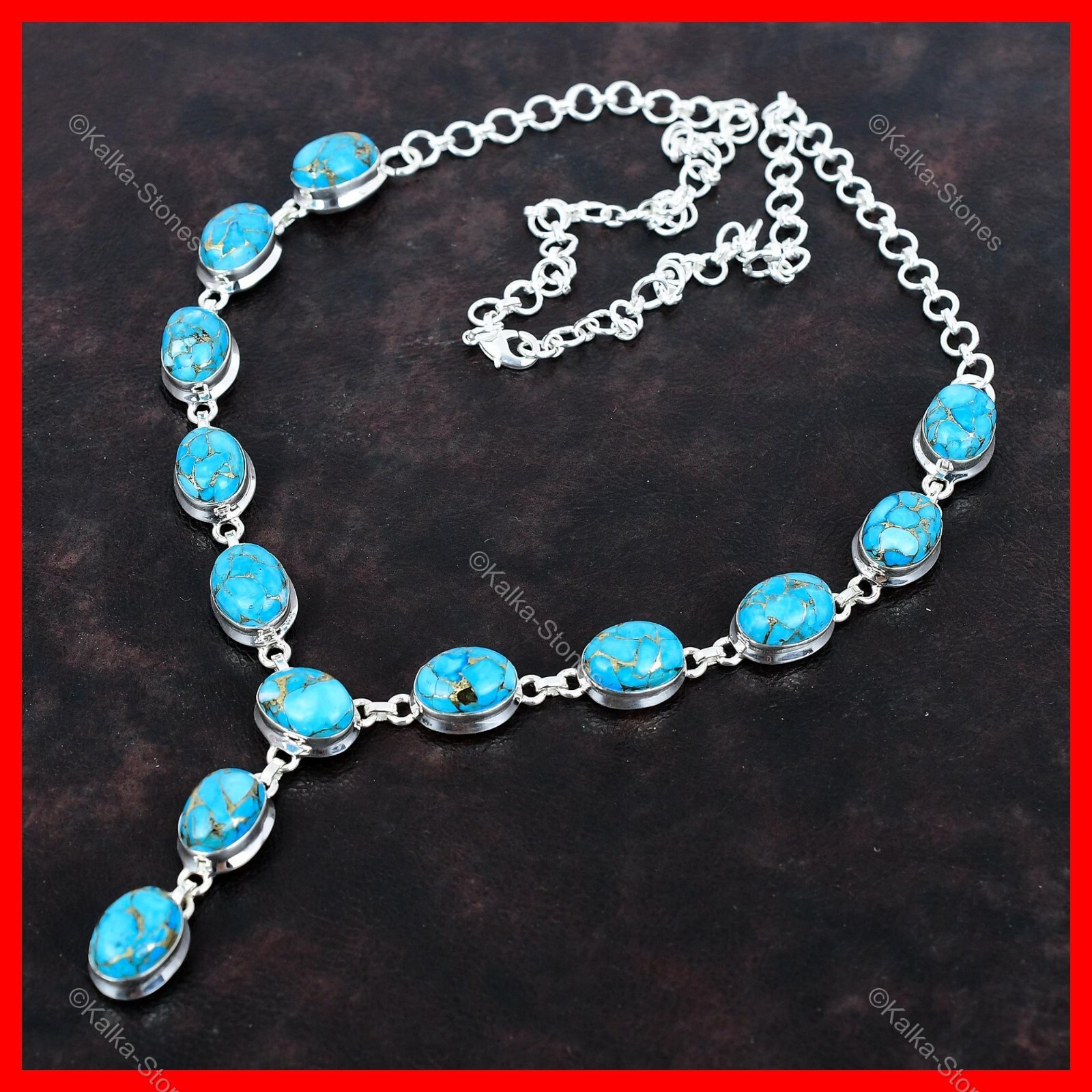 Copper Blue Turquoise Stone Chain Mother Trendy Necklace Jewelry Sterling Silver