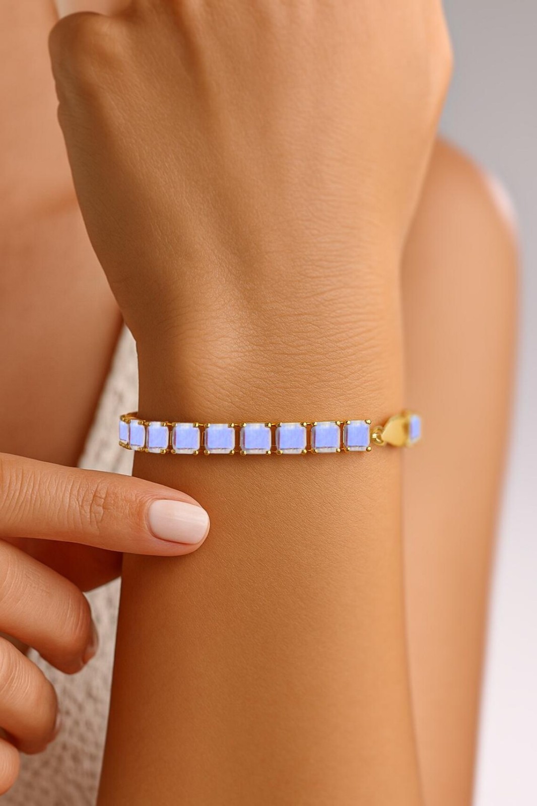White Rainbow moonstone tennis bracelet October bracelet jewelry 18k solid gold
