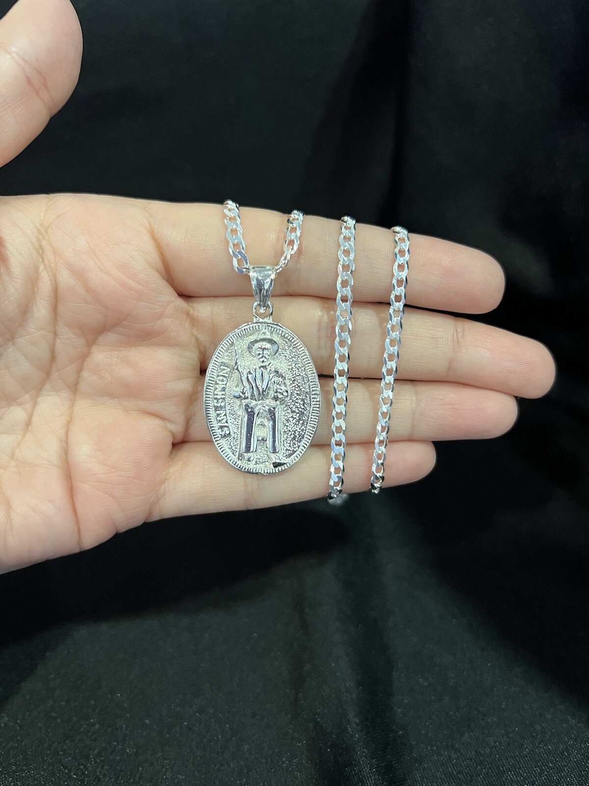 925 Sterling Silver Men Women SAN SIMON FOLK SAINT Pendant & Curb Chain 20 26 30