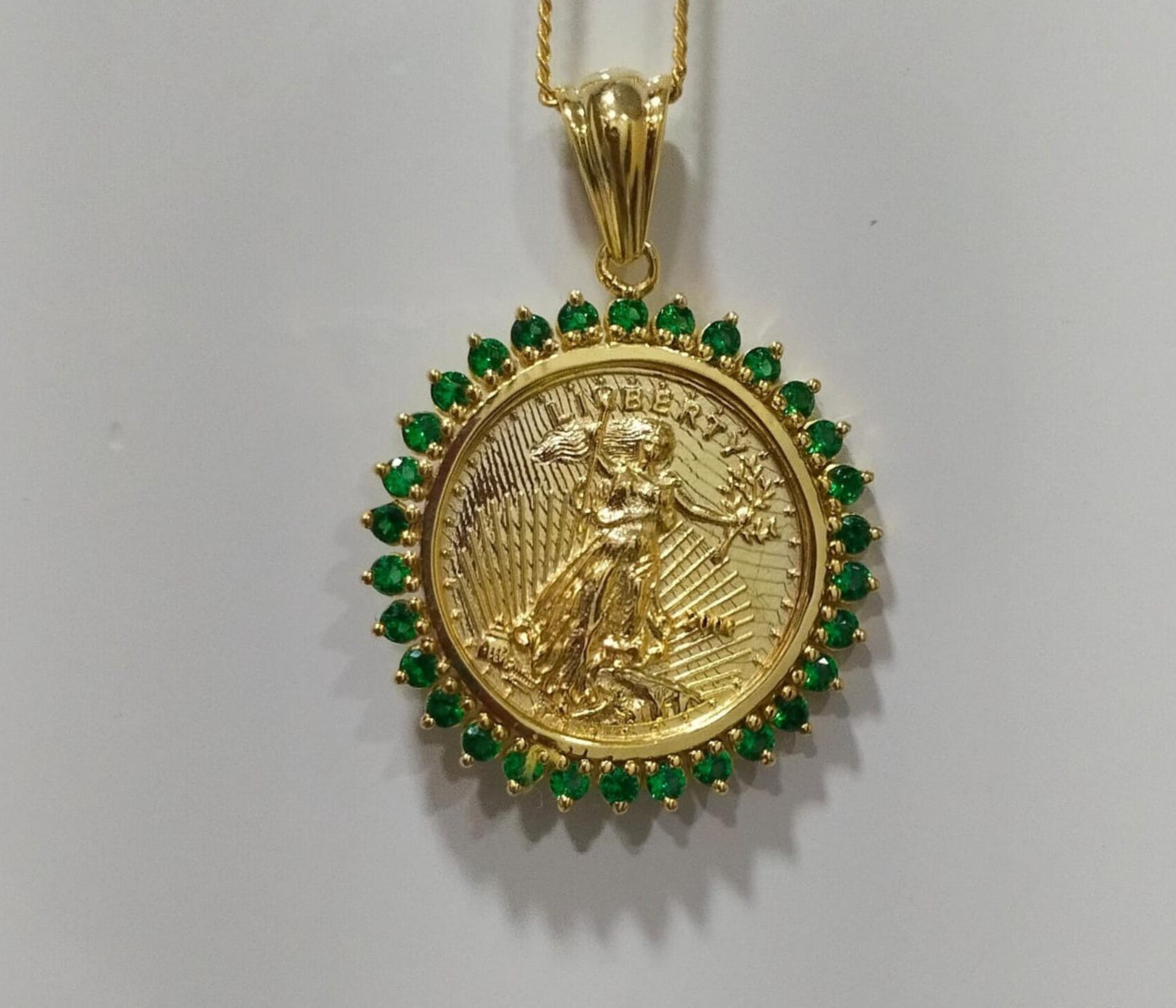 Liberty Coin Pendant 14K Yellow Gold Plated 2Ct Round Cut Lab Created Emerald