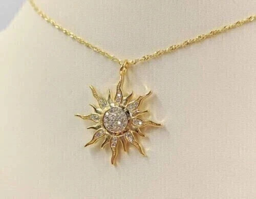 1.50 Ct Round Cut Real Moissanite Sun Pendant Necklace 14k Yellow Gold Plated