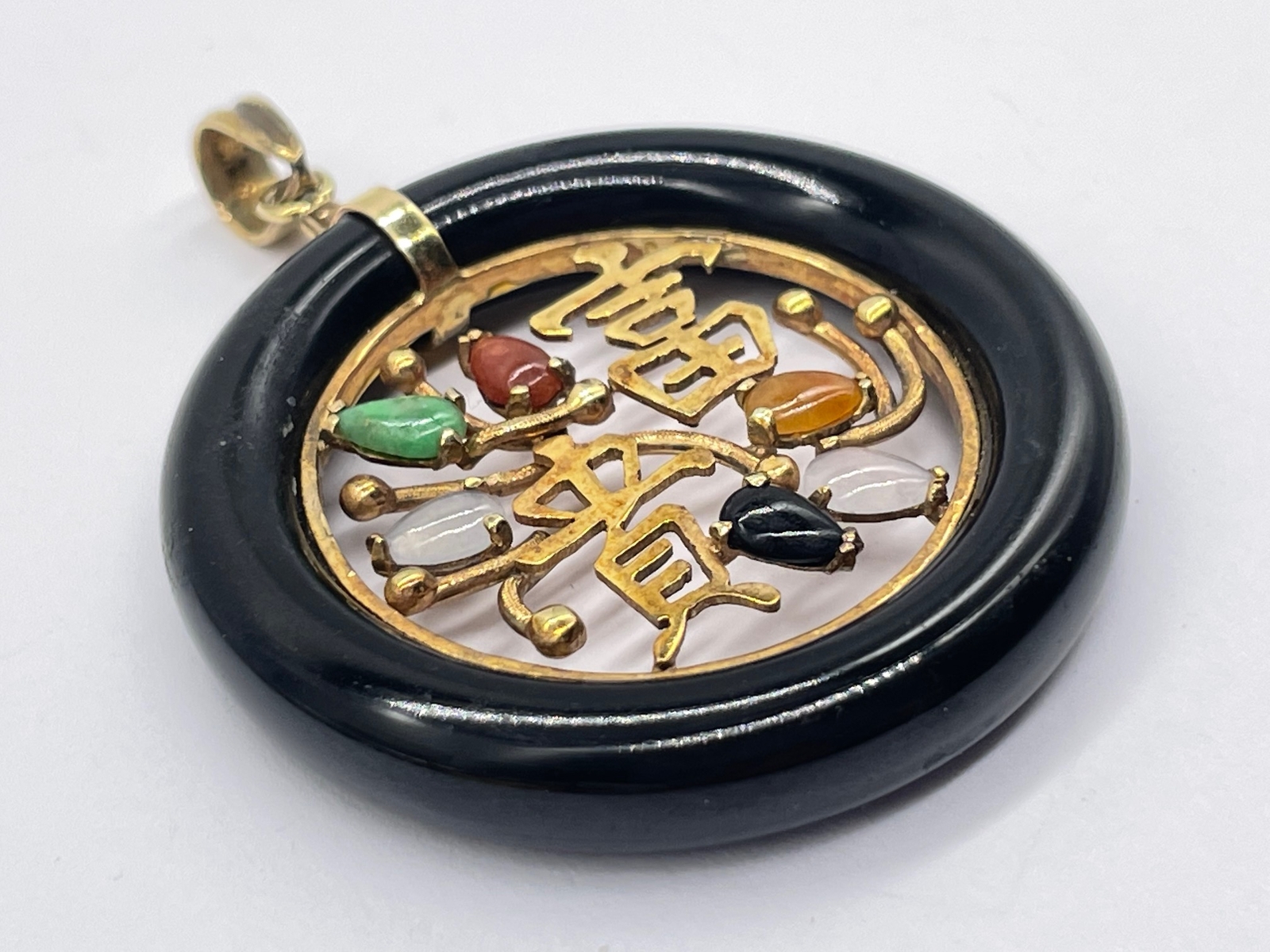 14k Yellow Gold Black JADE Circle / Multicolor JADE Pendant–1-1/2″ Diameter